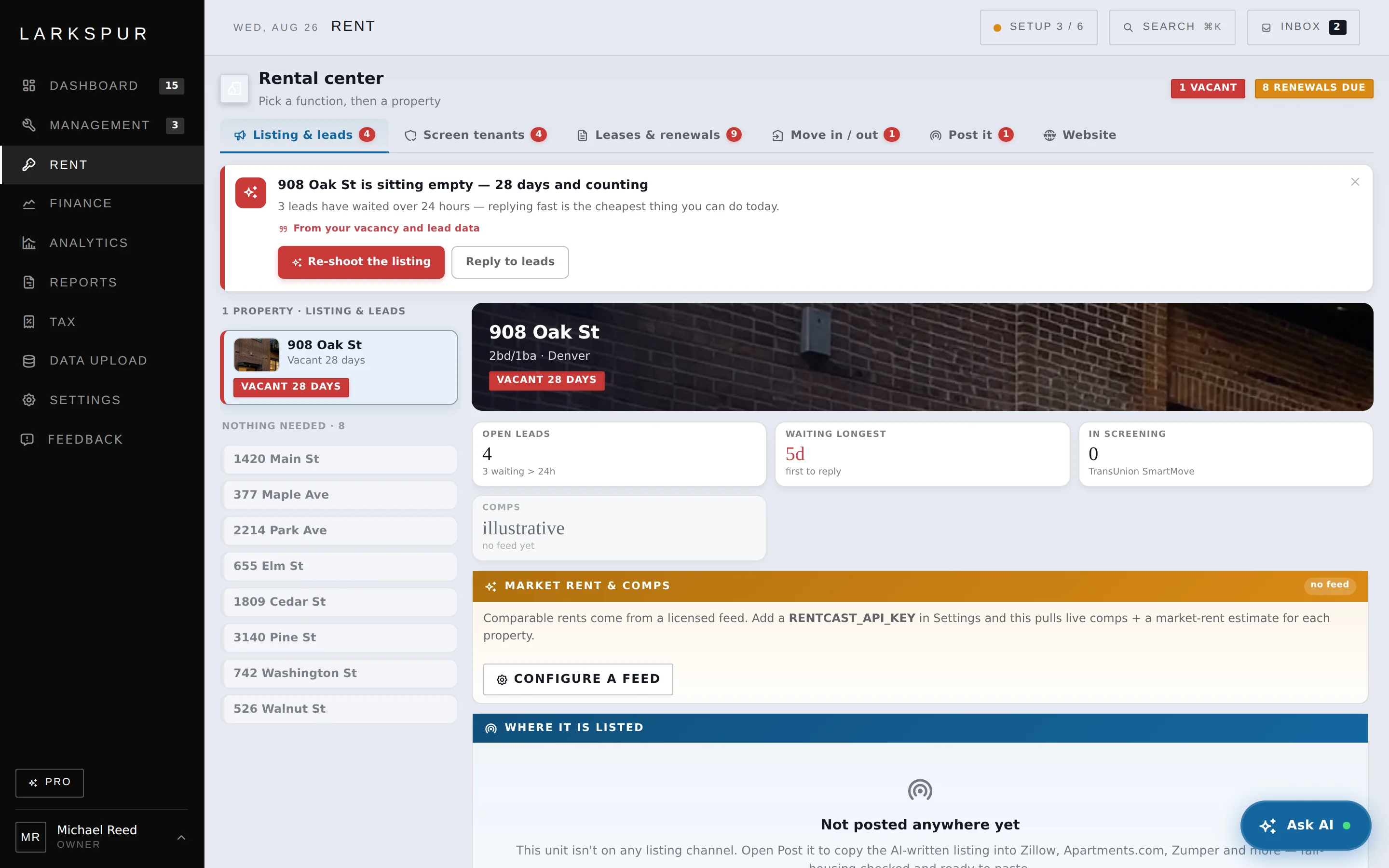 The whole funnel in one place — priced, listed, leads, screening, lease.