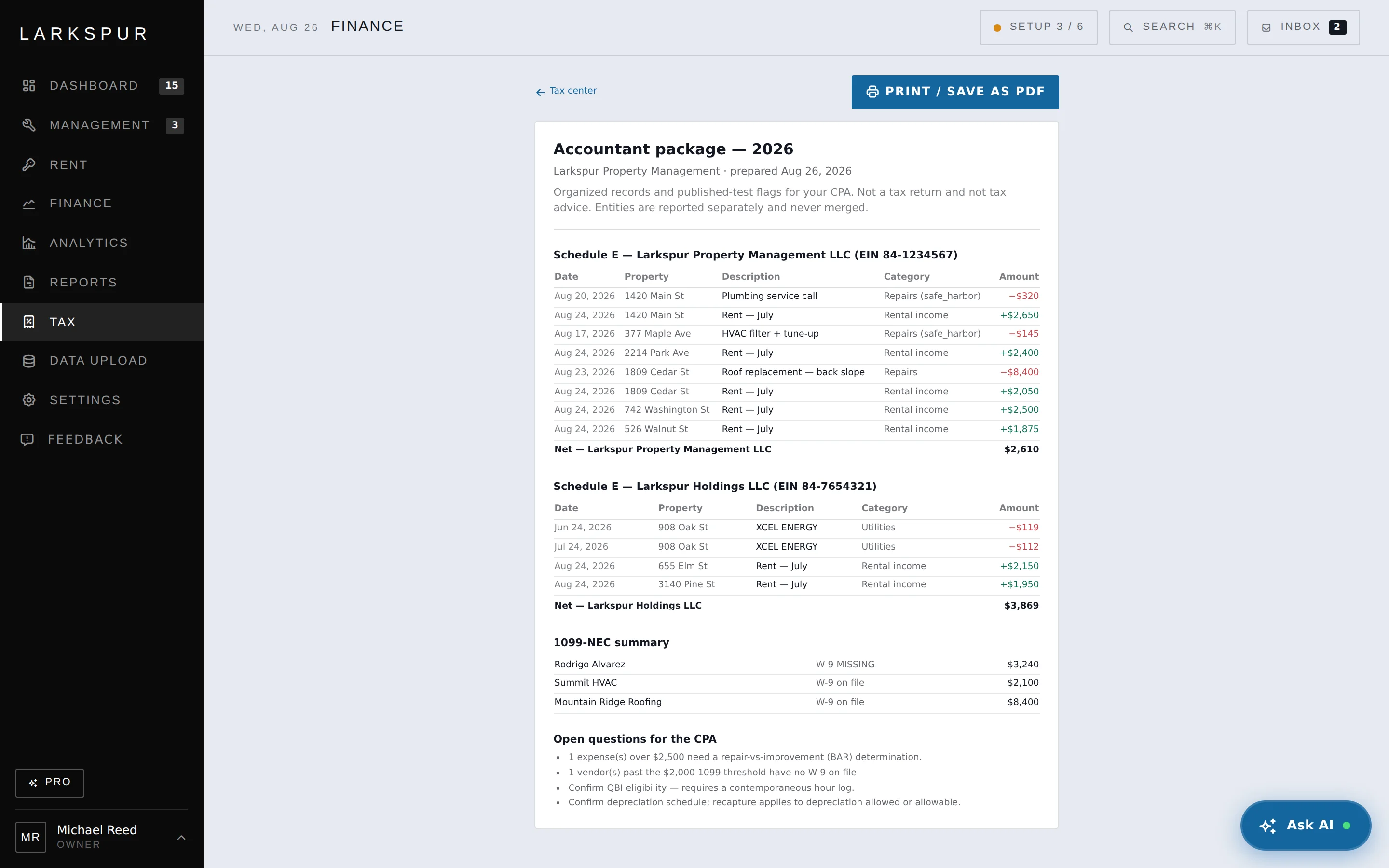 Schedule E per entity, never merged — with the open questions for your CPA.